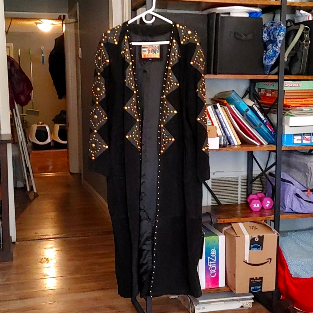 Suede and leather patched gold studded long coat.